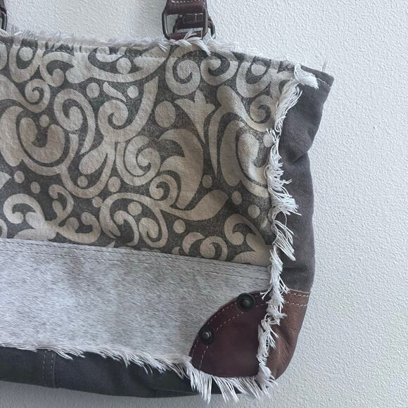 Myra Hairon Leather Canvas Leaf Print Western Boho Small Handbag Boho - Picture 9 of 12